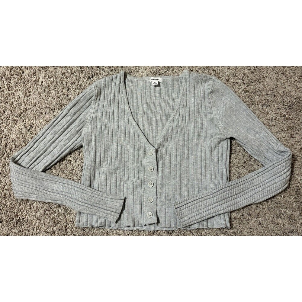 Women's Garage Gray Ribbed Cropped Lightweight Button Up Long Sleeve, Small